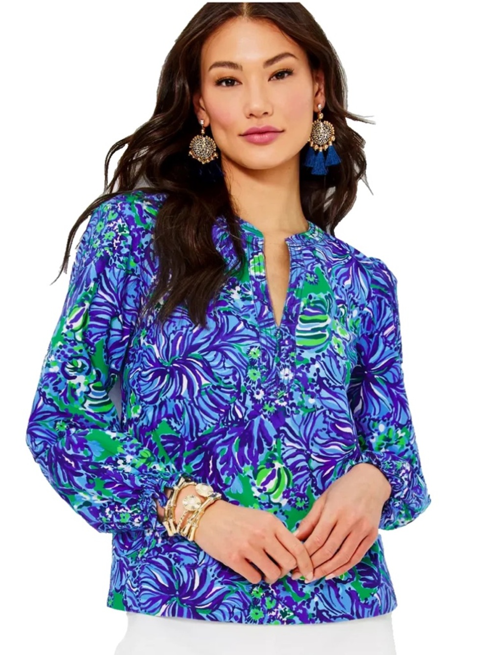 Lilly Pulitzer Blue & Green Floral Print Long-Sleeve Blouse